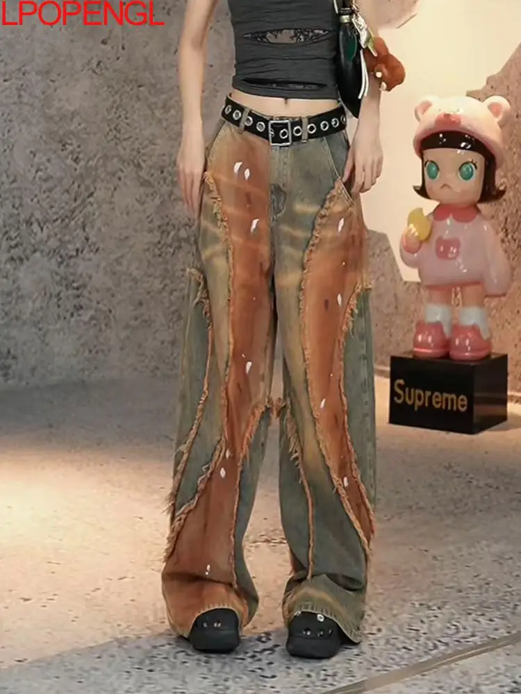 Women 2025 Autumn New Wasteland Style American Streetwear Street Worn Wide Leg Pants Damage high waist Heavy-duty Edging Jeans