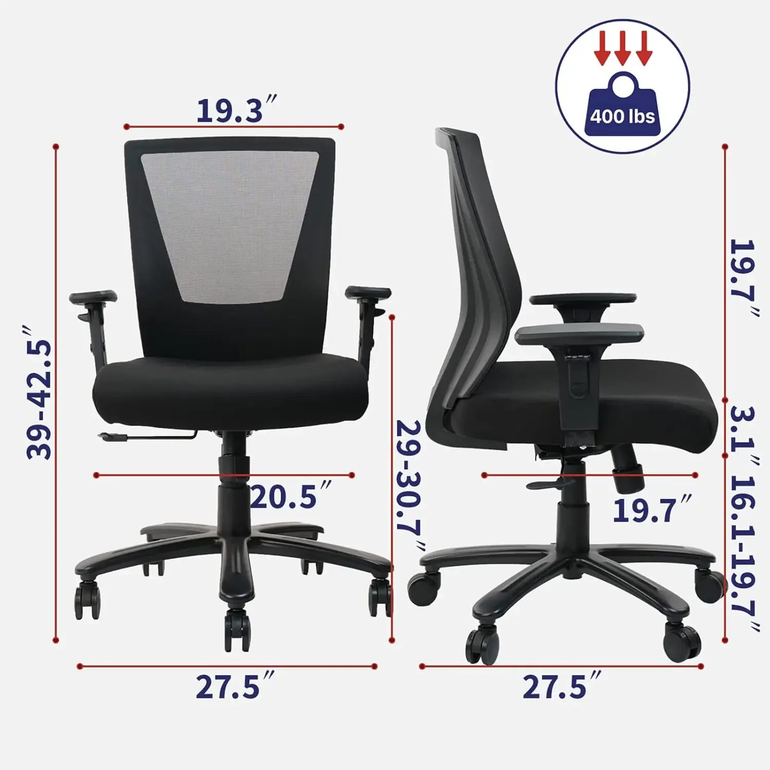 , Sillas de escritorio de oficina en casa de malla ergonómicaBigandTall silla de oficina de 400 libras, silla de malla ergonómica resistente con reposabrazos ajustables