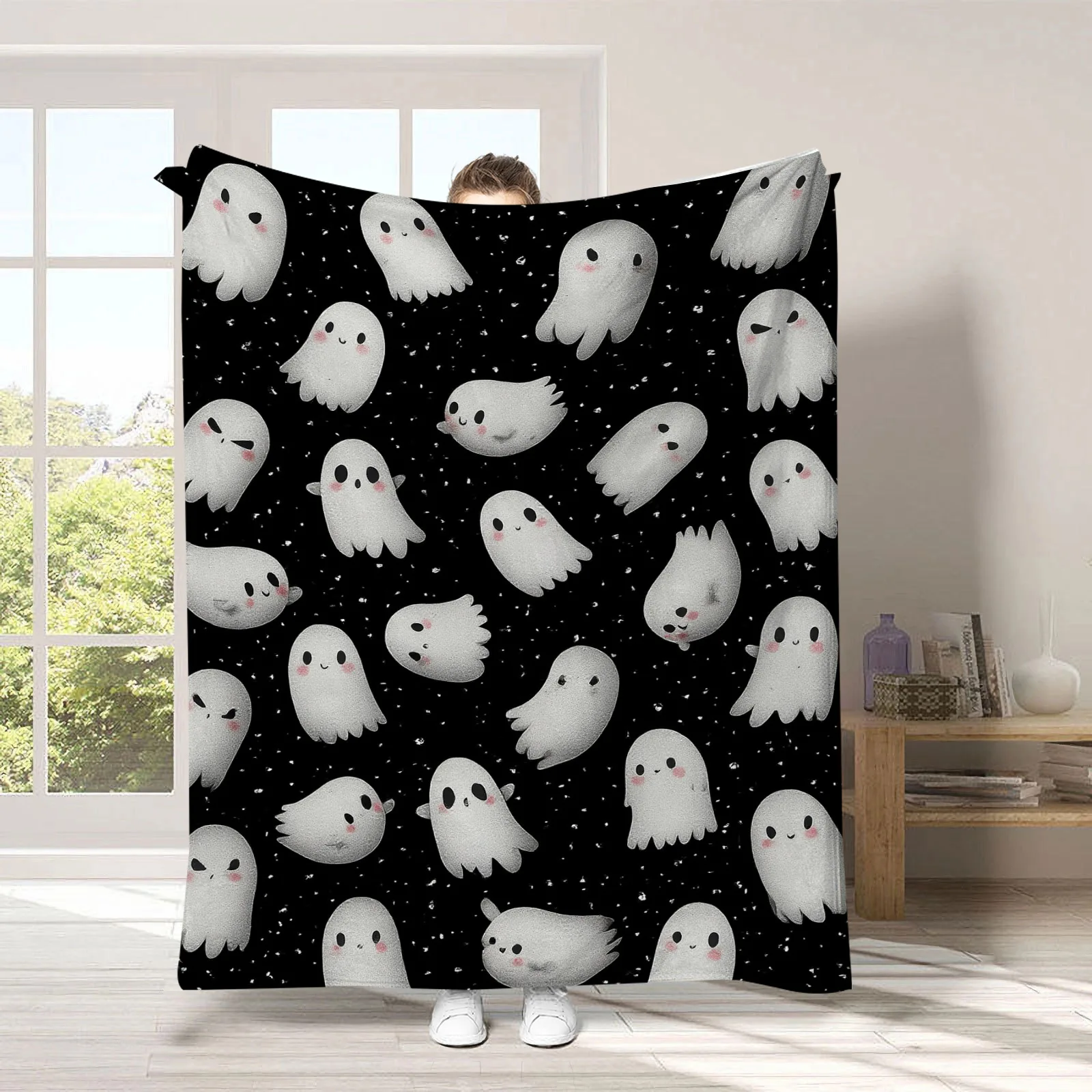 Gruselige schwarze Halloween-Flanelldecke mit Geistern, weiche Universaldecke, multifunktionale Dekorationsdecke, Weihnachtsgeschenk – Detail 6