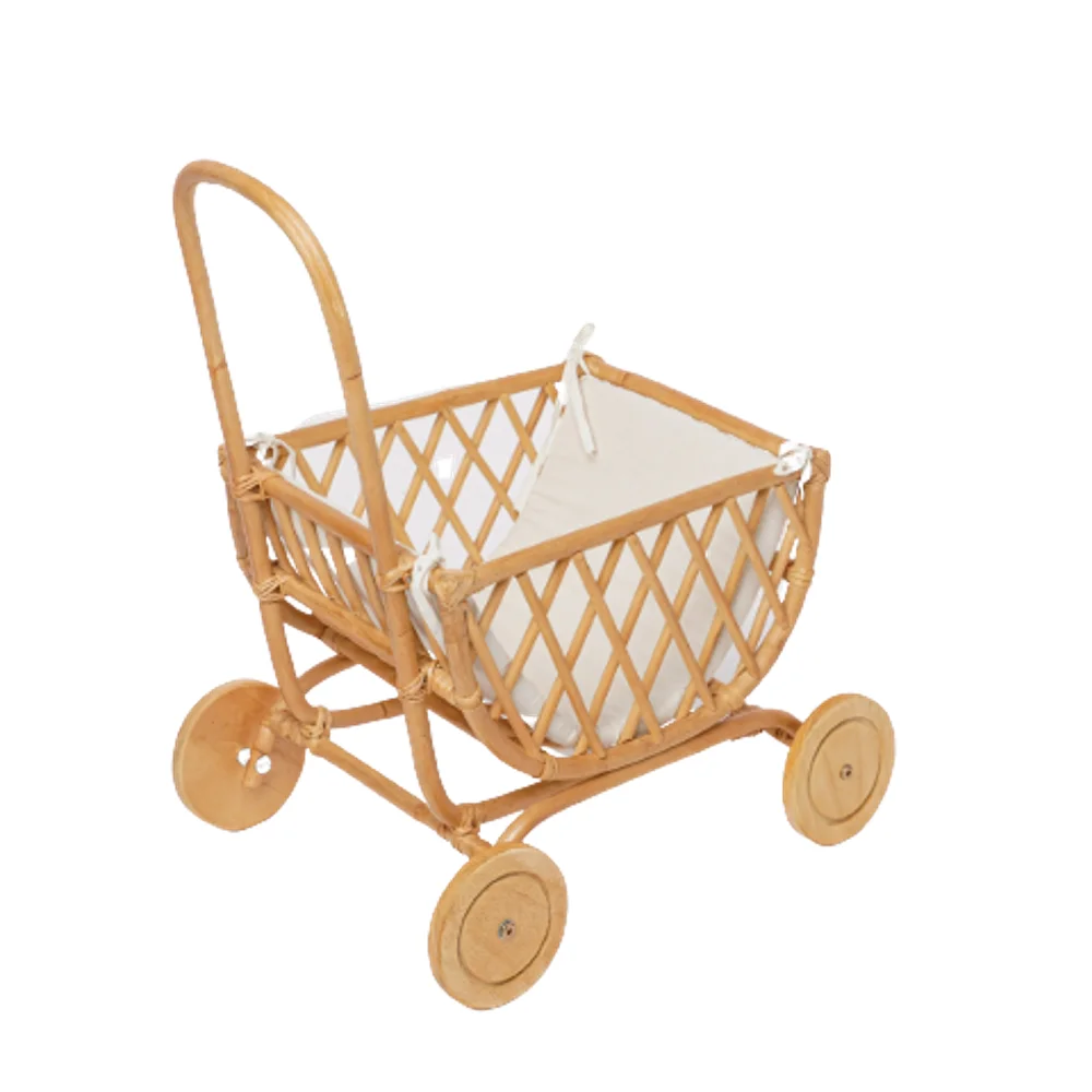 New design eco-friendly natural small rattan foot toys baby stroller cute trolley