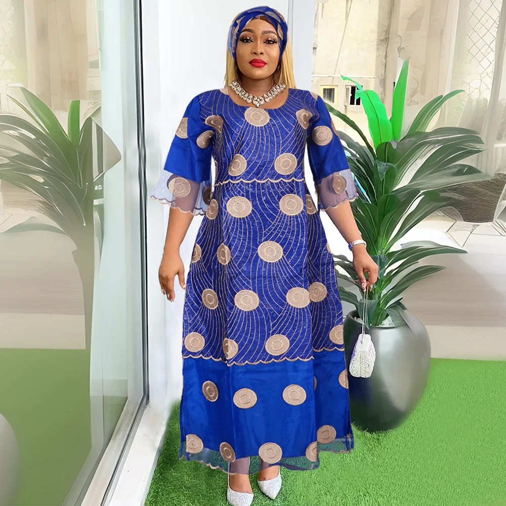 

H&D New African Dresses Blue For Women Embroidery Bazin Floral Dresses Ankara Rich Long Robes Nigeria Party Wedding Ramadan 2024