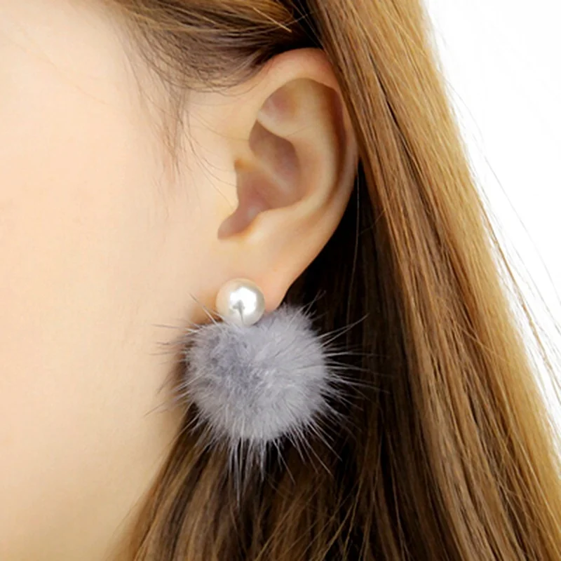 Fashion Mink Fur Ball Silver Needle Pearl Earrings Studs Sweet Lady Ear Jewelry Earings Wedding Trinket Sexy Girl Party Gift E45