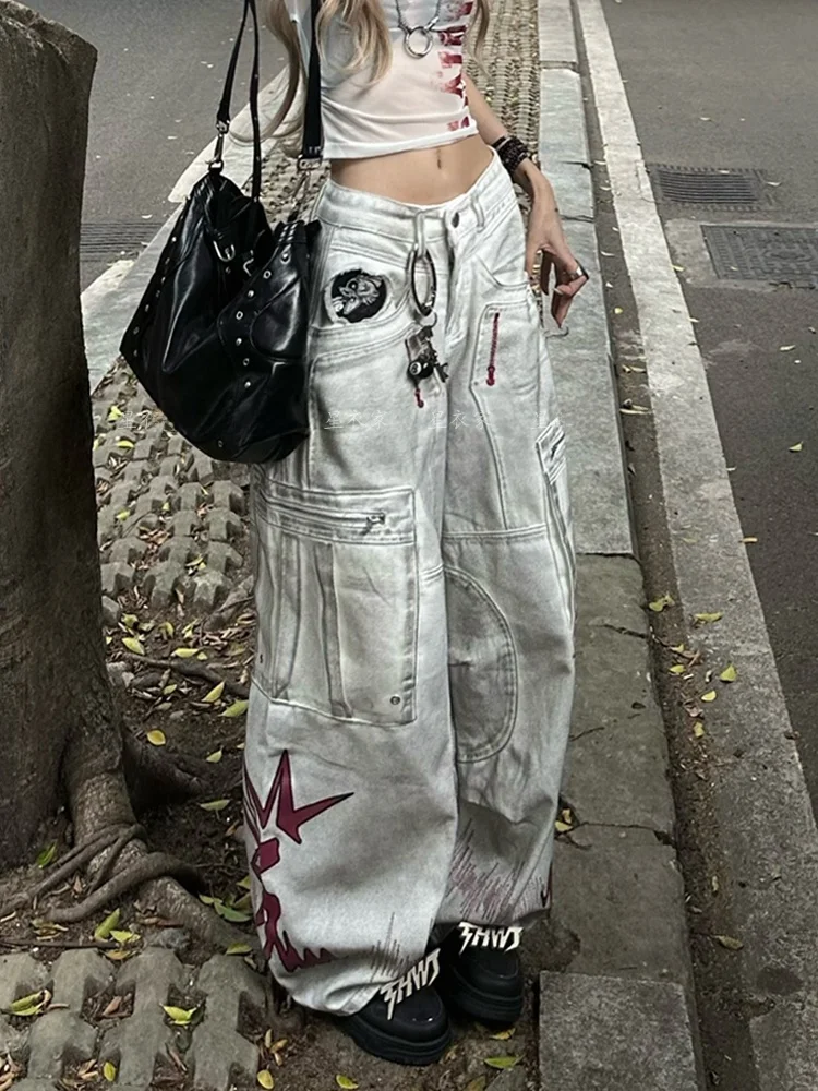 

Женские джинсы в американском стиле с принтом пламени, ретро-дизайн, с эффектом выцветания, длинные, с высокой талией