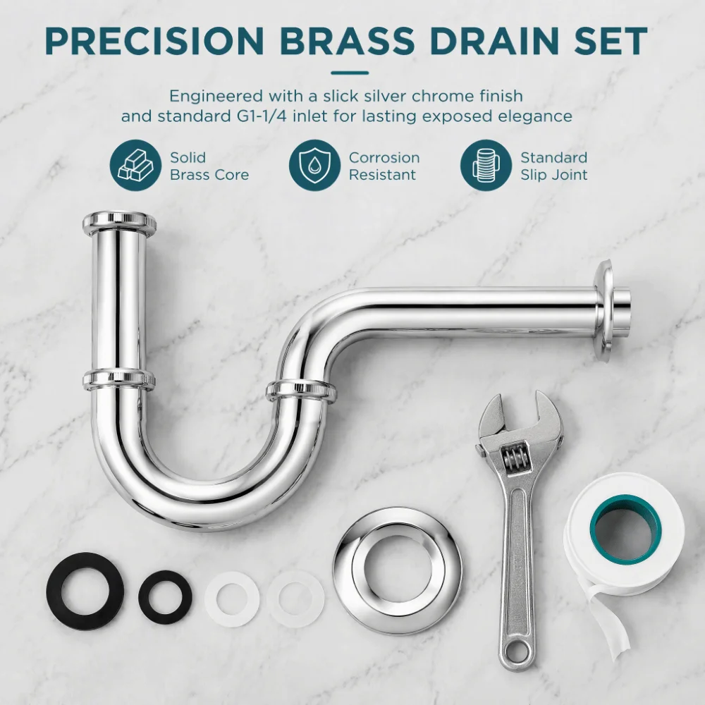 U-Shape Design P-Trap Kit Slip Joint Extension G1-1/4in Size Drain Tubing Set Adjustable Height Drain Pipe Replacement