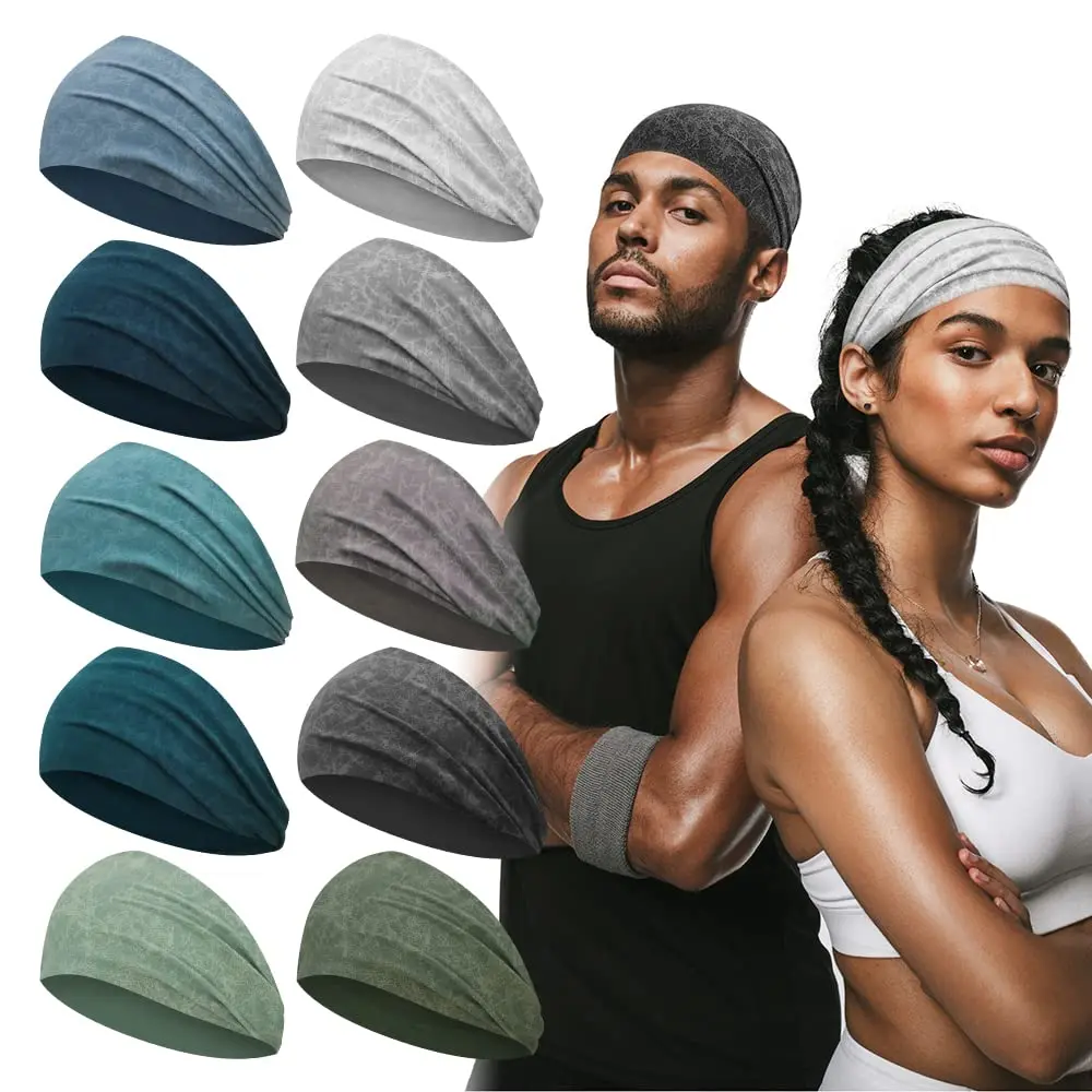 

Mens Sports Headbands for Long Hair, Wide Sweat Band Yoga Band No-Slip, Workout Headbands for Men and Women, Multicolors 10 PCS