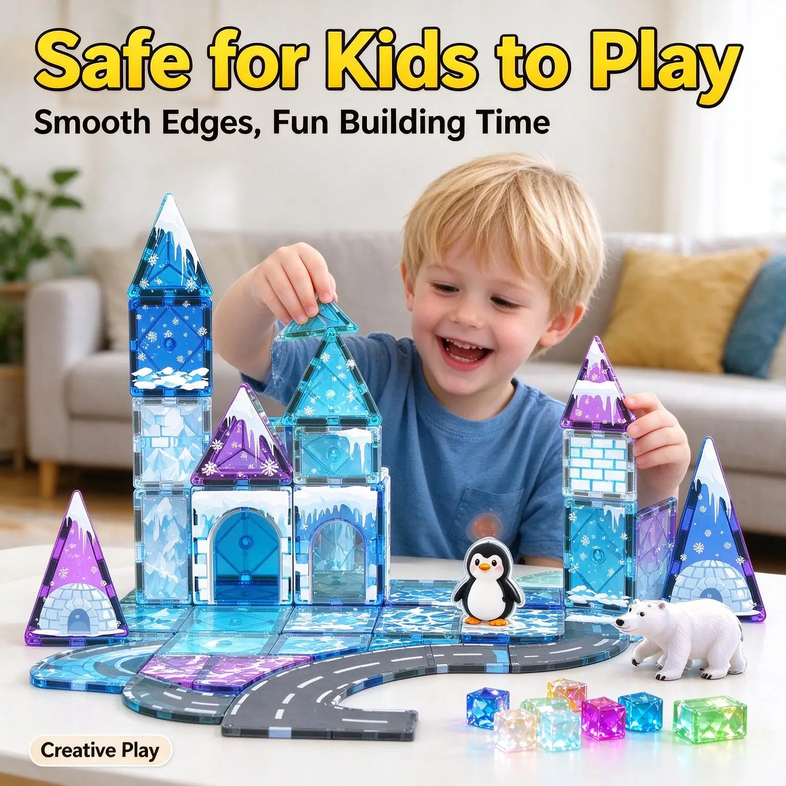 Magnetic Tiles Ice Snow Castle Set STEM Educational Toy for Kids Penguin Polar Bear Road Scene DIY Building Blocks Birthday
