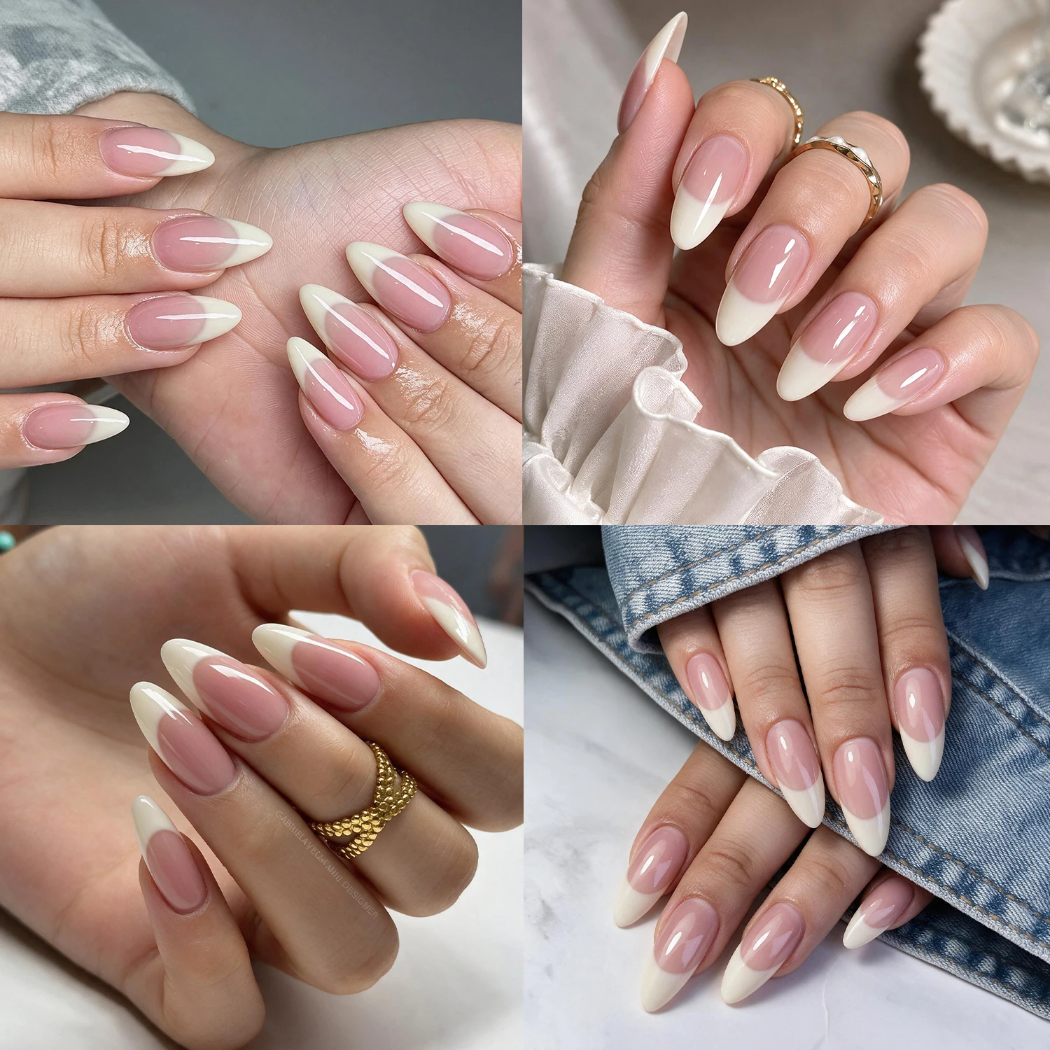 150Pcs Almond Shape French Tip Fake Nails Gloss Nude Pink Gradient Full Cover Press On Nails Ladies Salon Home Handmade Nail Art