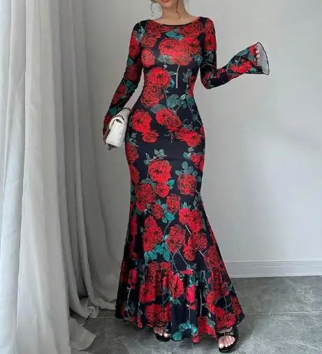

Spring and Summer 2025 New Women's Round Neck Elegant Slim Fit Long Skirt with Rose Print Flared Sleeves and Hip Hugging Dress