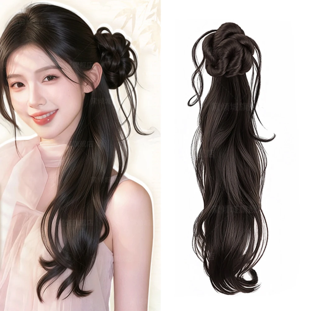 20 Inch New Chinese Style Claw Clip Bun Ponytail Synthetic Hair Heat Resistant Retro Hair Accessories for Women Daily Party