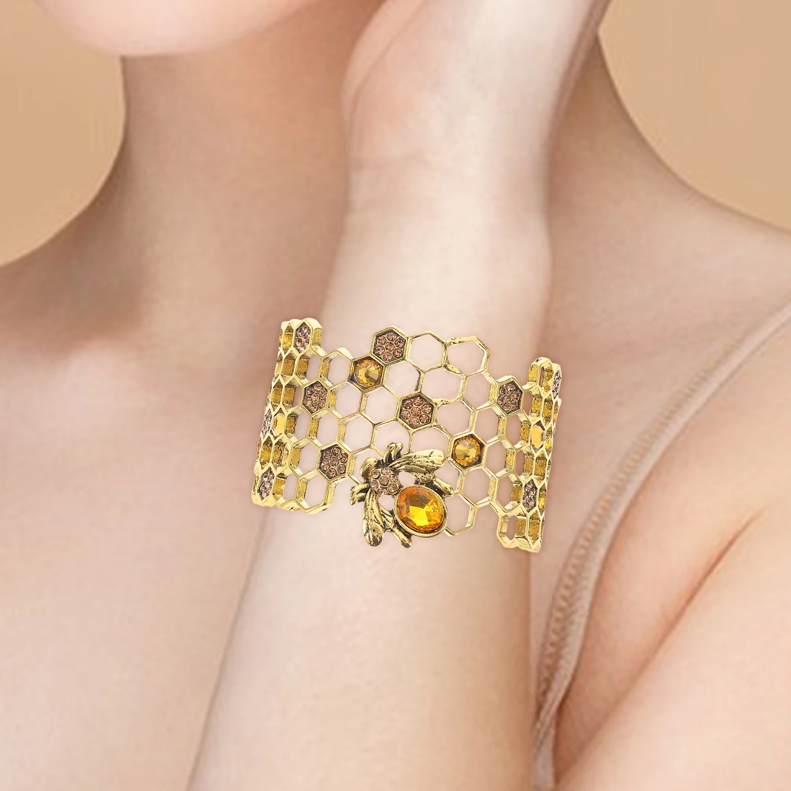 

Honeycomb Bee Bracelet Bangle Crystal Adjustable Open Cuff Women Jewelry Gift for Party Wedding Prom