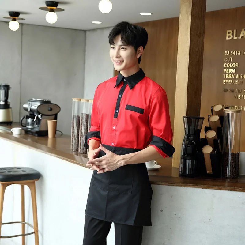 زي عمل نادل المطاعم قميص نسائي طويل الأكمام مطعم غربي مقهى تقديم الطعام الحلوى الحليب الشاي شواء متجر الخريف