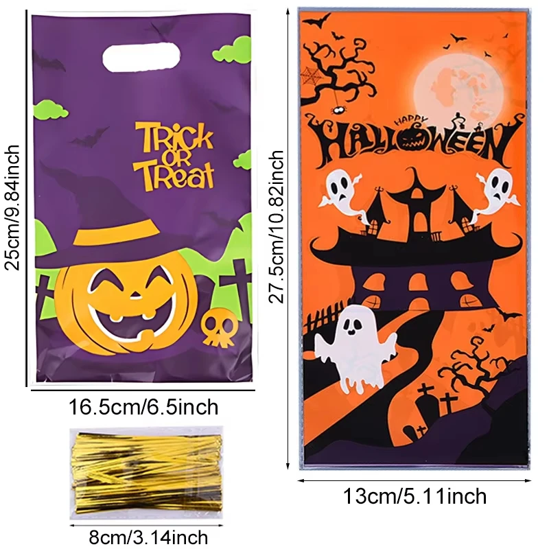 50/100 Stück Halloween-Geschenktüten, Halloween-Süßigkeitentüten, Plastik-Cellophan-Kekstüten, Geschenktüten mit 50/100 Stück Bändern, Geschenkverpackungstüten – Detail 6