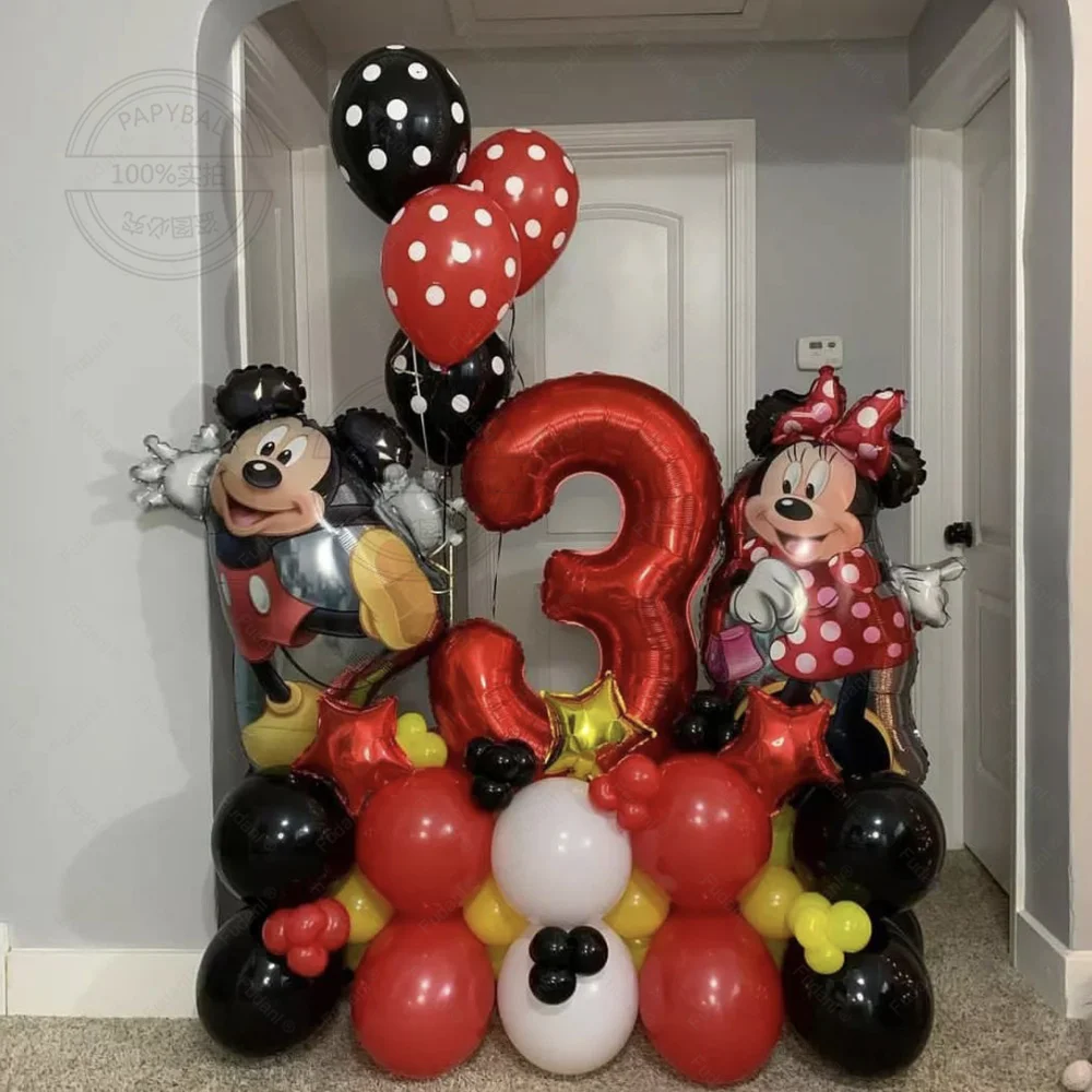 63 pz/set Cartoon Mickey Minnie Mouse Foil Balls 5/10 pollici rosso giallo palloncini in lattice per bambino 1-9th Birthday Party Decors Supply