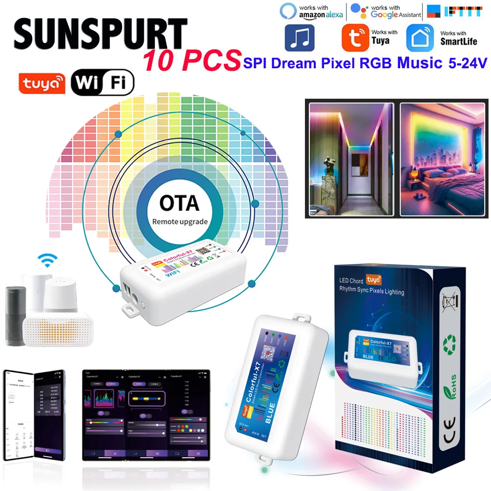 5V-24V Smart Tuya APP Led SPI Controller Colorful-X7 Tuya WiFi Music Controller WS2812B Ws2811 Sk6812 2815 Led Pixel Strip Light