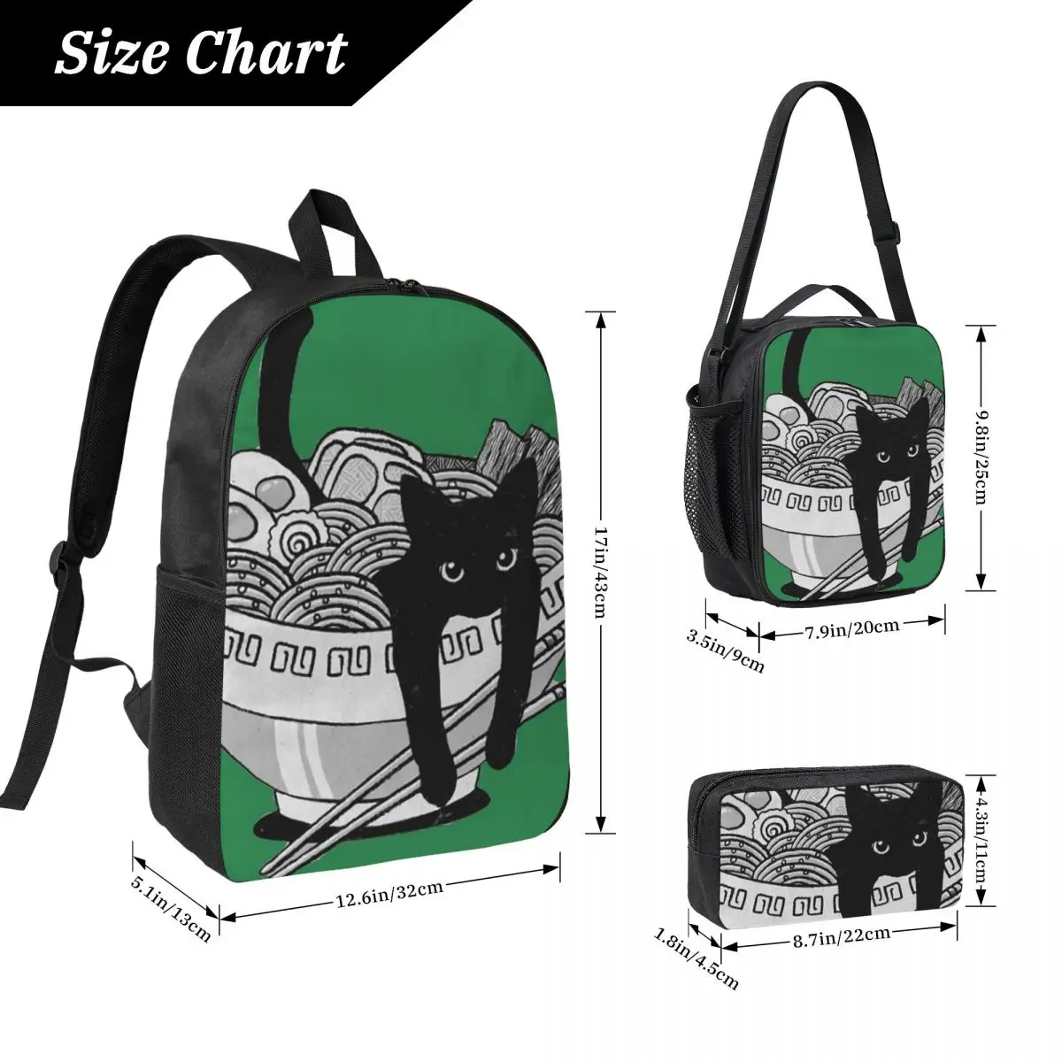 Cute Cat Eat Lamian Noodles Ramen Backpack Student BookBag School Bag Computer Shoulder Bags 3ps Insulated Lunch Bag Pencil Case