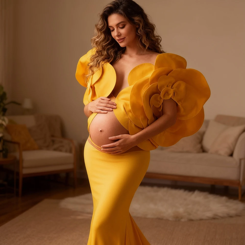

Stretchy Long Maternity Dress for Photoshoot with Handmade Flower Bicep Sleeves