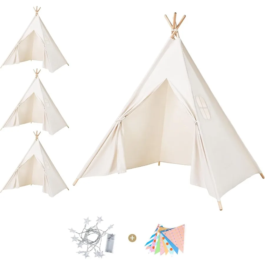 Barraca tipi de lona natural para crianças, 4 pacotes, barracas tipi para festa de meninas com barraca de brincar lavável interna, inclui transporte