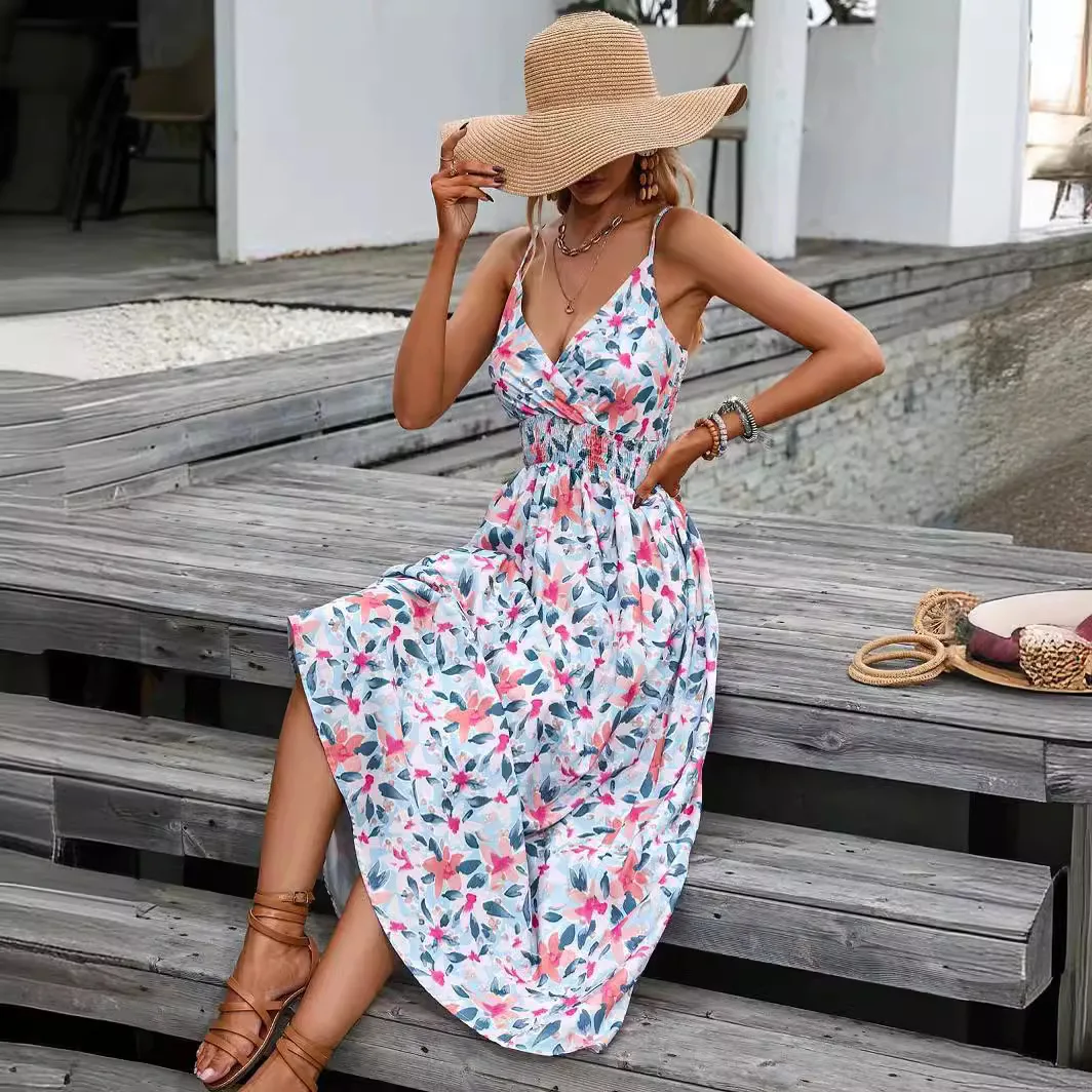 Printed Camisole Dress for Women Slim Sexy Sleeveless Long Dresses Beach Backless Sexy Women Dress Bare Shoulder Women Clothing