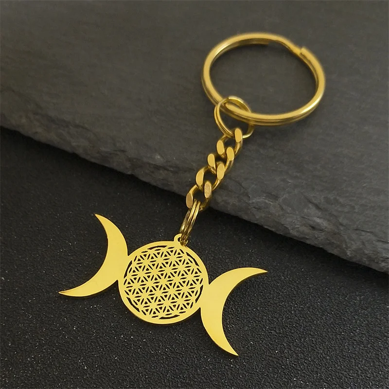 Witch Triple Moon Goddess Keychain for Women Men Stainless Steel Gold Color Wicca Flower Seed of Life Key Ring Jewelry K3766S02 image 2