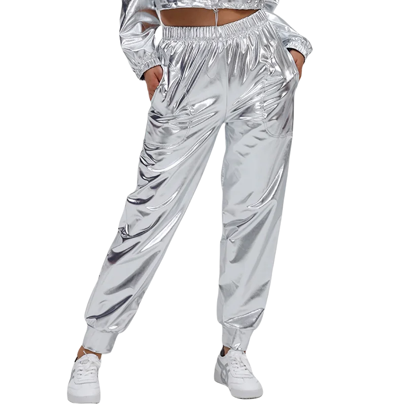 Women Holographic Hip Hop Faux Leather Metallic Loose Wide Leg Party Jazz Costume Cosplay Shiny Street Dance Pants For Adult