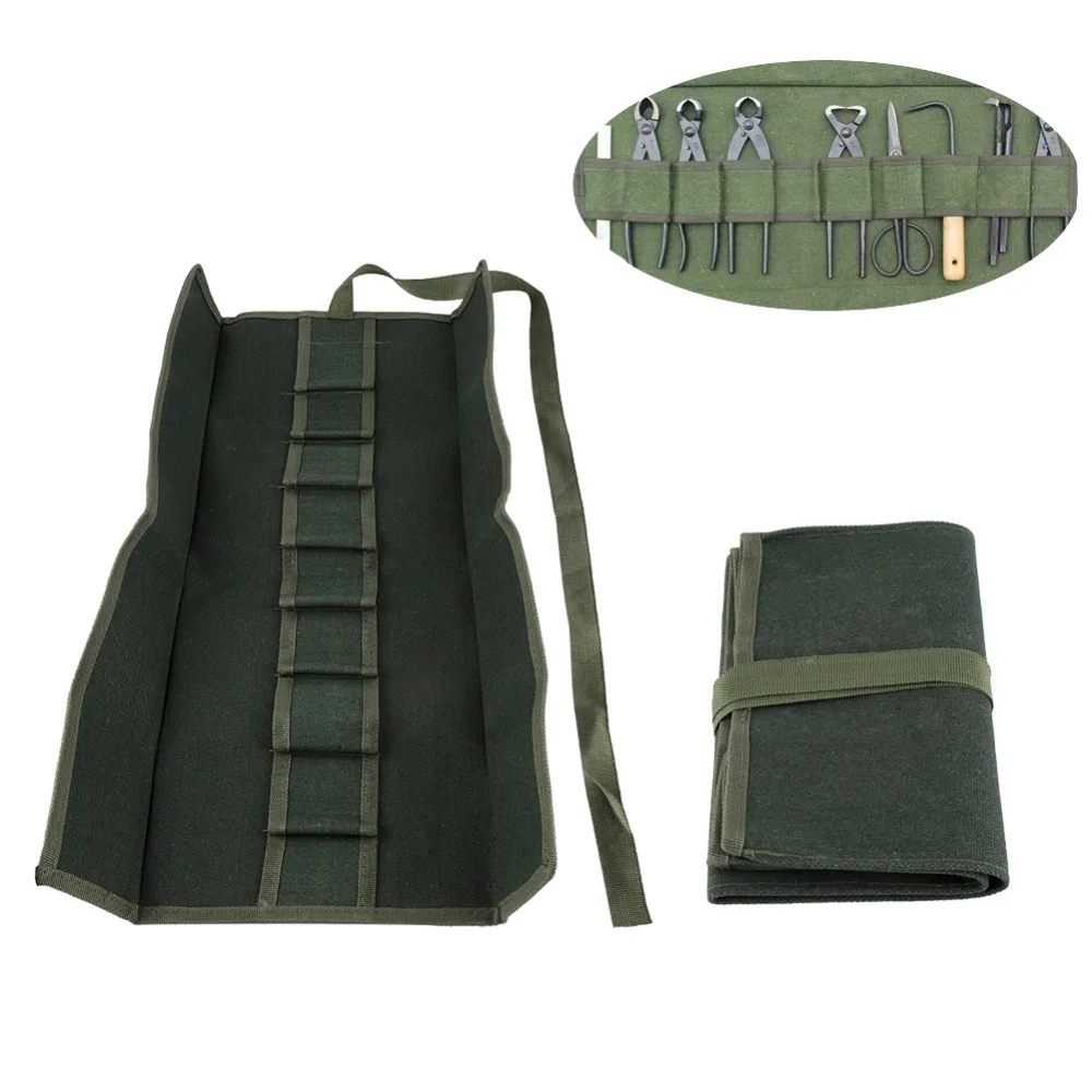 1Pc 10 Pockets Canvas Gardening Handle Storage Bag​ ​Rolling Multifunctional​ Bonsai Tool Storage Bag​ Heavy Duty Canvas