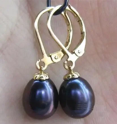 

noble jewelry 14K YELLOW GOLD shiny AAA 10-12mm South Sea Black Baroque Pearl Earrings