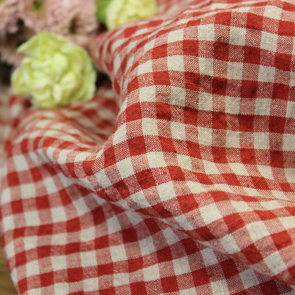 Texture Yarn-Dyed Linen Plaid Fabric Cheongsam Dress Shirt Clothing Fabric Red