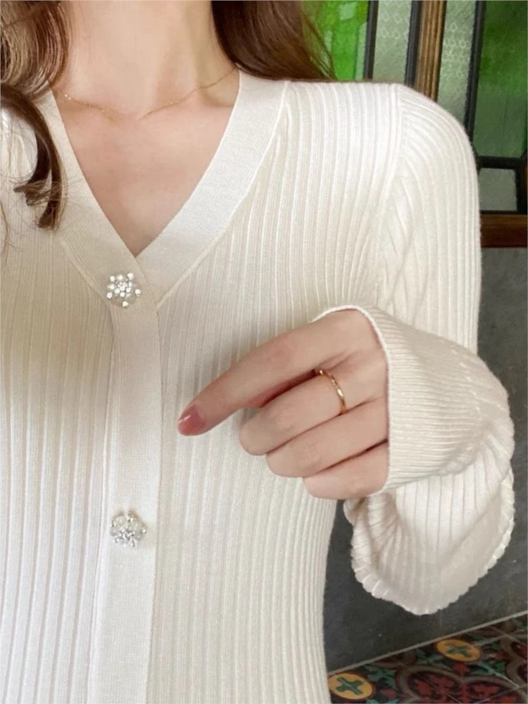 2024 Autumn Knitted Dresses for Women Long Sleeves V-neck Single Breasted Pleated Ruffles Casual Korean Fashion Female Clothing