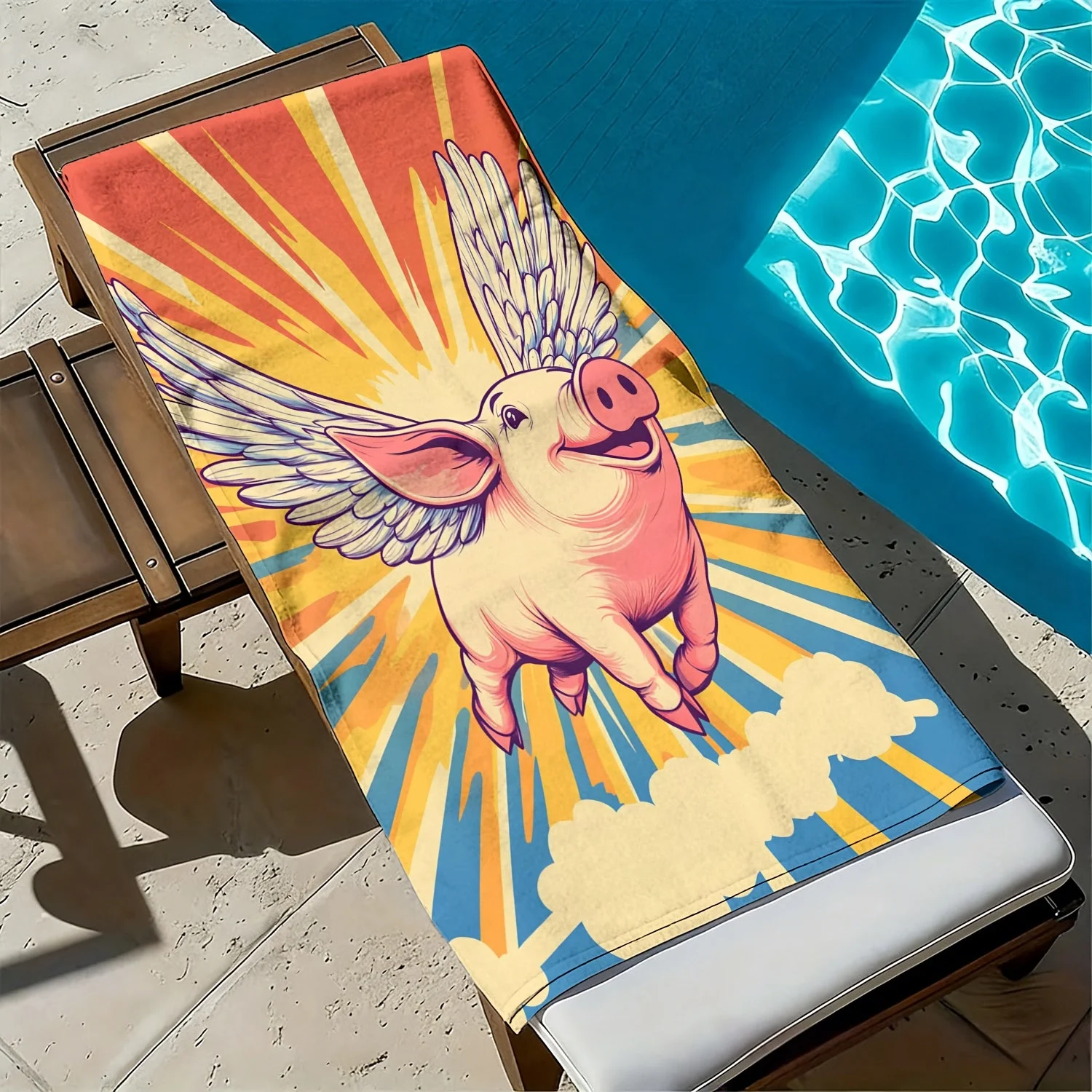 Sunshine Flying Pig Cartoon Pattern polyester microfiber beach towel is highly absorbent suitable for swimming and beach outings