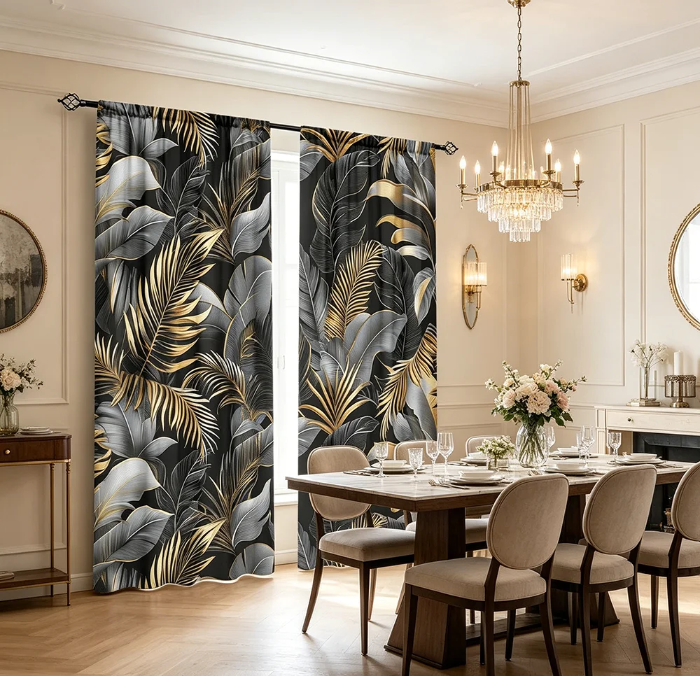 2PCS Digital Printed Curtains, Luxury Tropical Leaf Pattern, Exotic Palm Style for Living Room Bedroom Apartment Home Decor