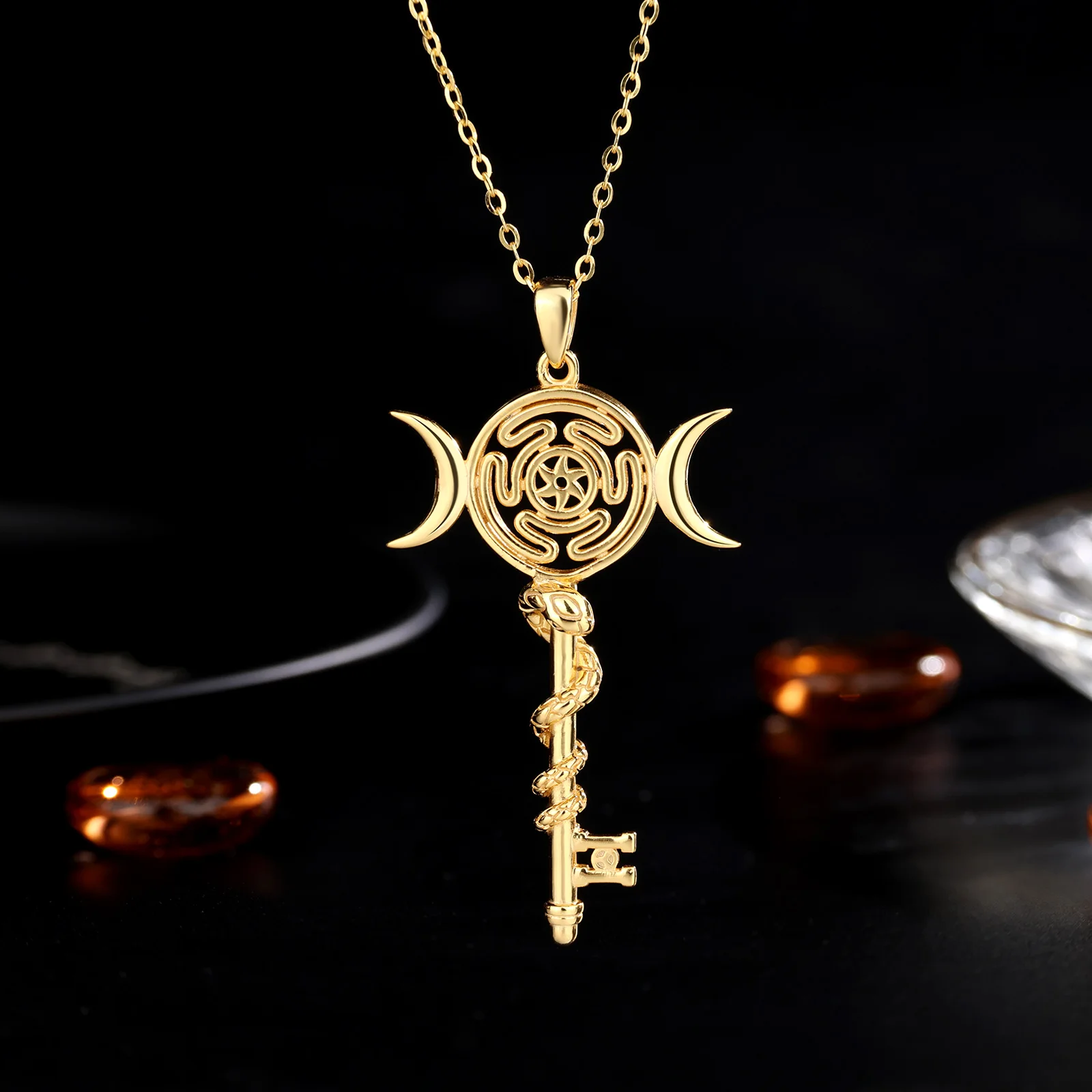 AEONSLOVE Gold Plated Sterling Silver Hecate Snake Necklace Women Triple Moon Goddess Key Pendant Spiritual Jewelry Witch Amulet view 3