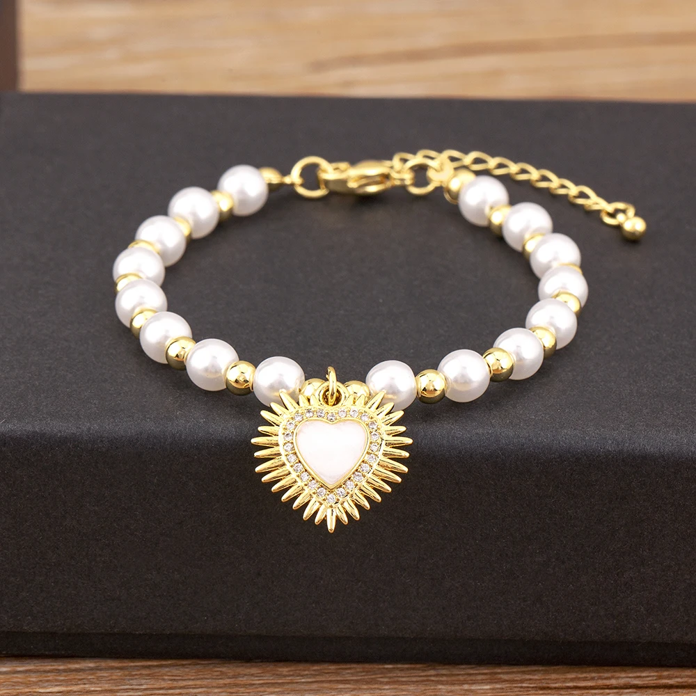 Nidin ใหม่แฟชั่นรูปหัวใจสร้อยข้อมือ 3 รูปแบบสําหรับผู้หญิงวันเกิดลูกปัดมุกทองแดงเครื่องประดับอุปกรณ์เสริม Chic ของขวัญ