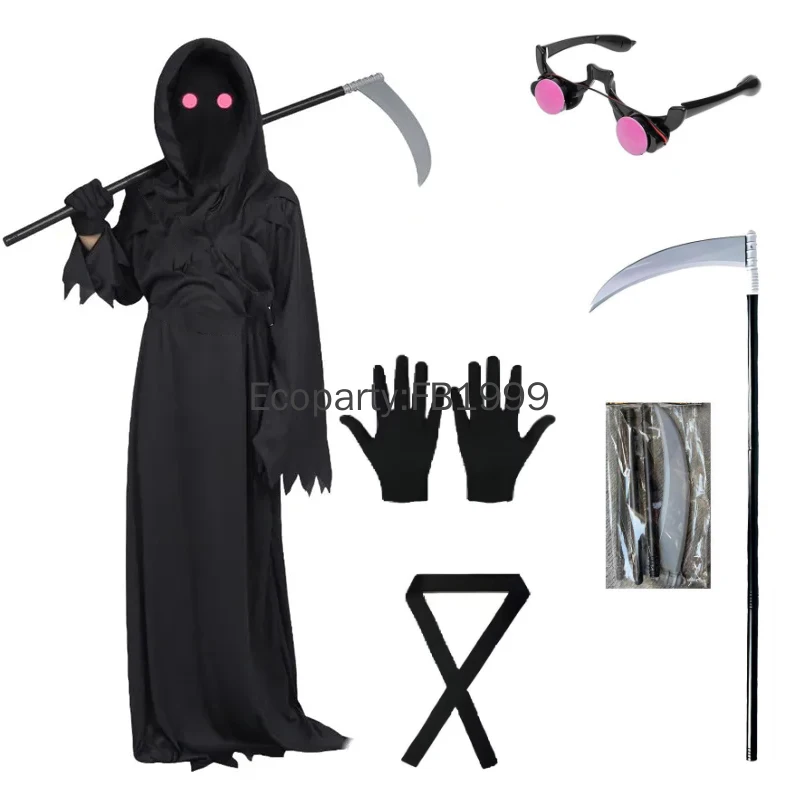 Kids Red Eye Grim Reaper Cosplay Costume Black Devil Dark Ghost Cosplay Hooded Robe Sickle Gloves Props Children Party Costumes