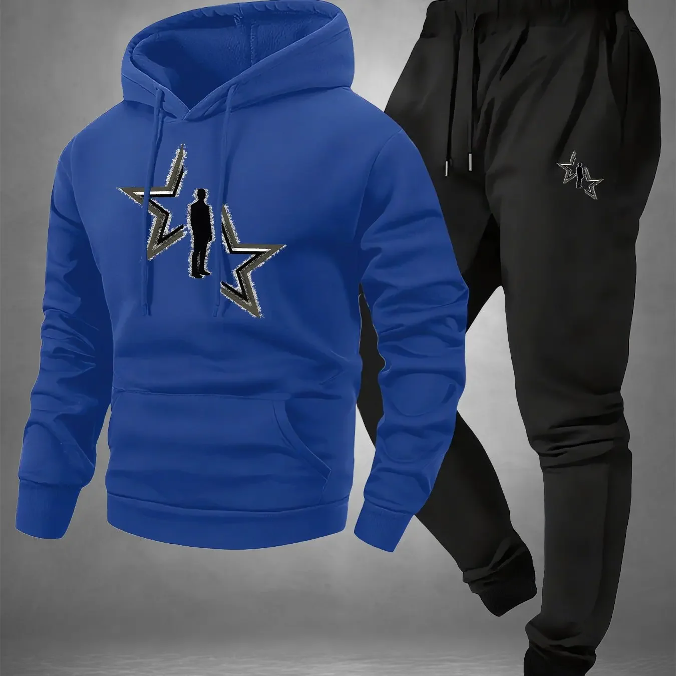 인터스텔라 실루엣 프린트, 2피스 남성용 캐주얼 폴리에스터 풀오버 및 스웨트팬츠 세트, 후드가 있는 긴 소매 풀오버