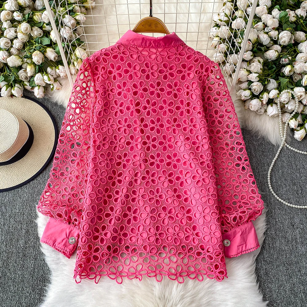 French Style Hollow-out Lace Shirt Women's Lapel Collar Single-breasted Long Sleeve Female Spring Autumn Loose Fit Shirt Tops