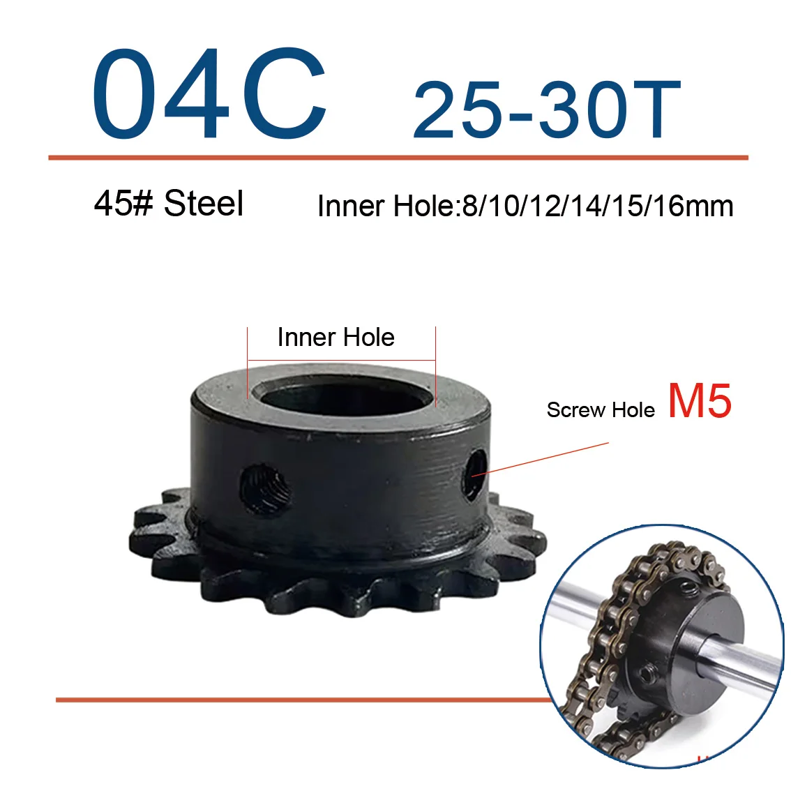 1PCS 25 Teeth 30 Teeth 04C Chain Gear 45 # Steel 8/10/12/14/15/16mm Industrial Sprocket Motor Chain Drive Sprocket M5 Screw Hole