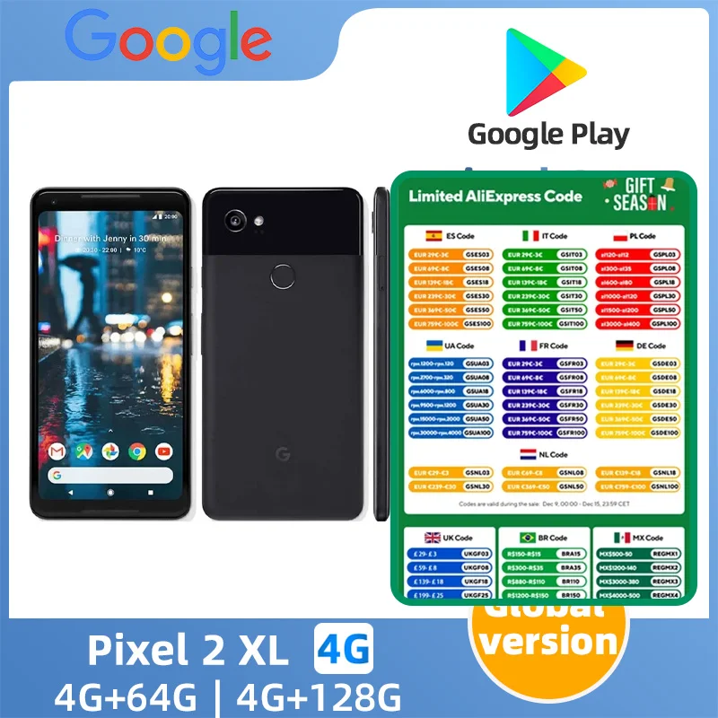 Google Pixel 2 XL 4G bands 4GB RAM 64GB/128GB ROM 3520mAh 12MP NFC Fingerprint Smartphone Cell Phone Original Unlocked 99% New