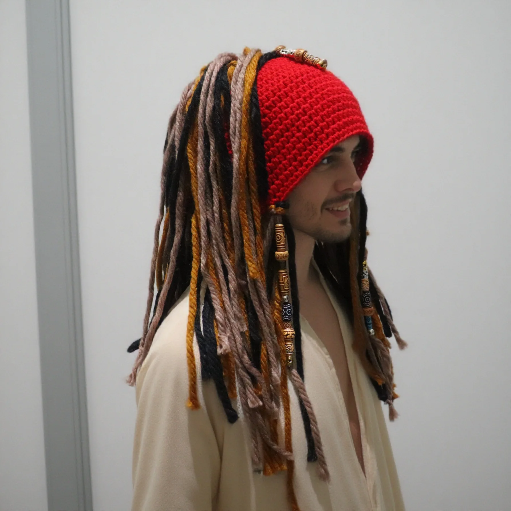 Handmade Crochet Pirate Hat Jack Sparrow Wig Dreadlock Fringe Beaded Yarn Cap Festival Cosplay Headgear