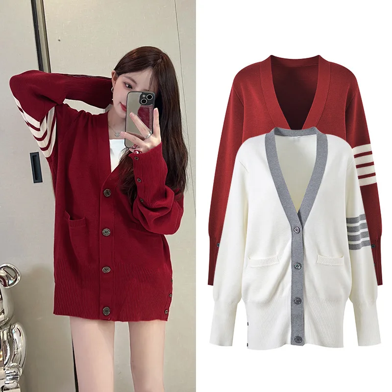 

Осень 2023, новый женский вязаный открытый кардиган, свитер с четырьмя полосками, свободный топ для пар, мягкий модный студенческий ветер