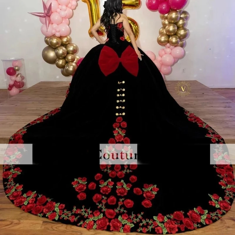 Red Black Embroidery Quinceanera Dresses MexicanSweet 16 Birthday Dress Tull Ruffle Vestidos 15 De Xv Años