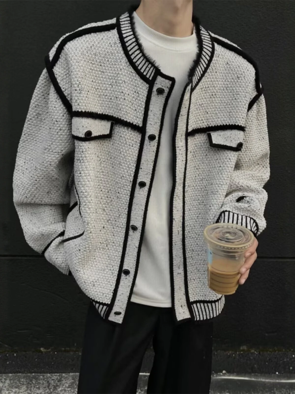 Men's Knitted Cardigan Sweater Casual round Neck Long Sleeve Loose Fit Autumn Winter Fashion Vintage Color Block Lazy Style