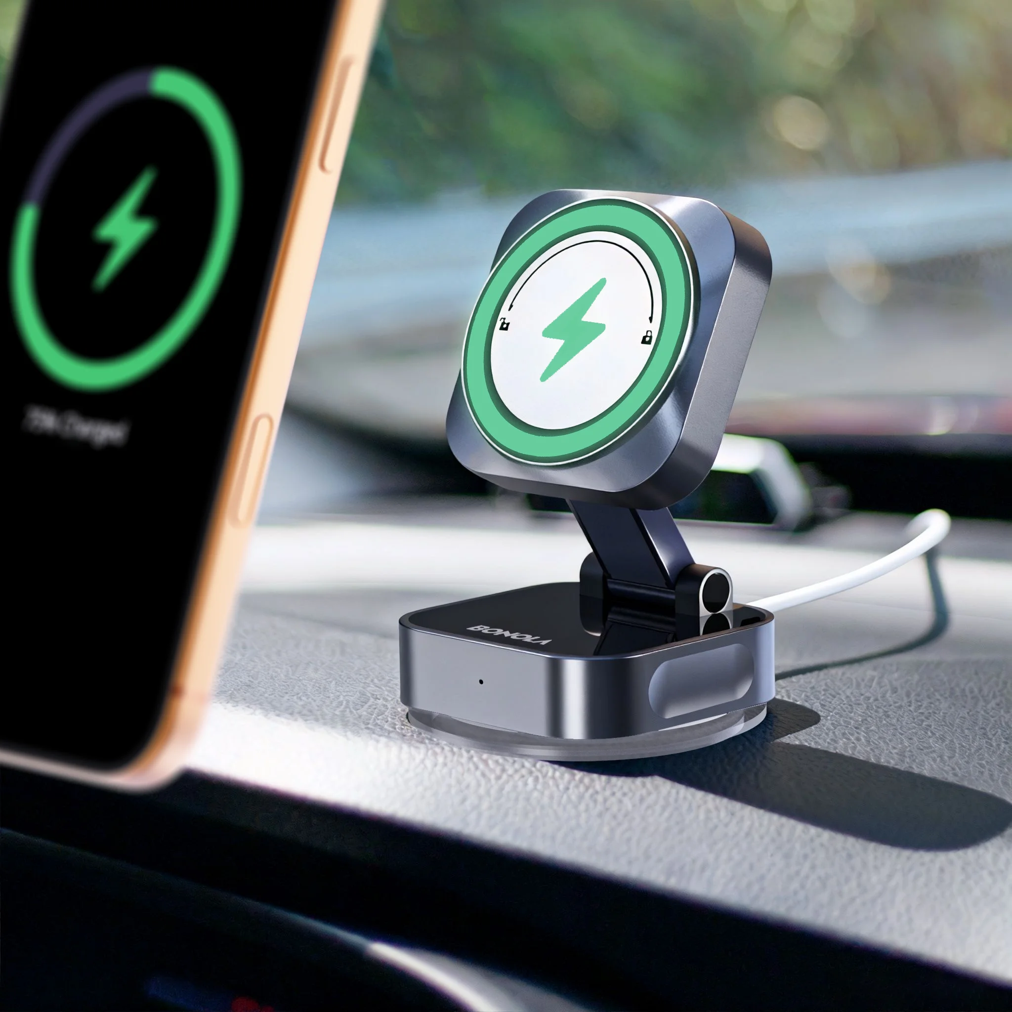 Bonola 15W Vacuum Suction Cup Wireless Charger for iPhone 17/16/15/14 Magnetic Vacuum Charger Stand Folding Use in Car/Dashboard