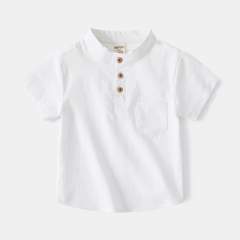 Camisas de manga corta para niños de 2 a 7 años, blusa informal de Color liso con cuello en v, Color blanco y azul, versión coreana, 2023