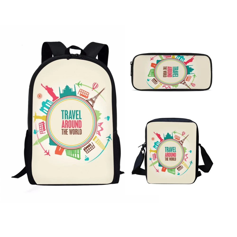 Mochila escolar con estampado de avión de 3 unids/set para estudiantes, morral de viaje personalizable para adolescentes