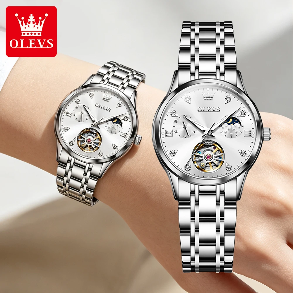 Relojes de Pulsera Olevs Originales Automáticos para Mujer, Mecánicos, Esqueleto, de Lujo, Resistentes al Agua, Luminosos, Juego de Regalo 6608