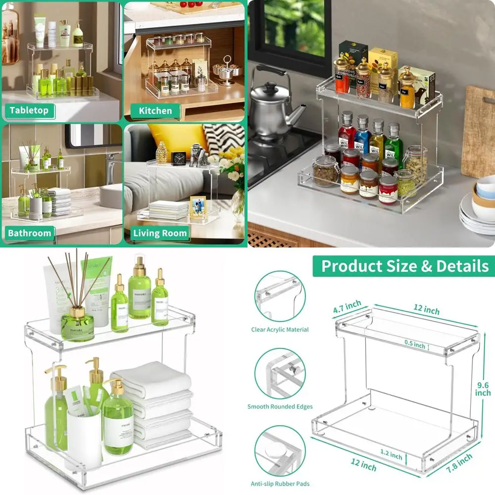 

2-уровневый акриловый органайзер для ванной комнаты с прозрачной полкой для хранения косметики и туалетного столика для кухонной полки для специй
