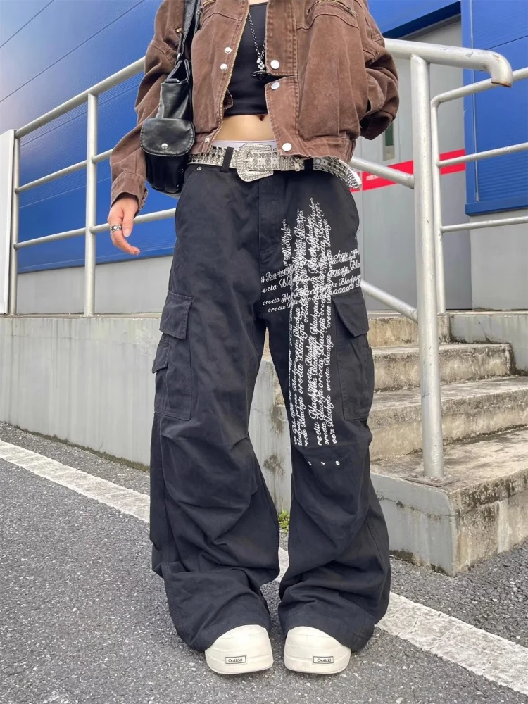 2025 Cyber Y2K Fashion Letter Printed Black Baggy Cargo Jeans Pants For Women Clothing Straight Cotton Long Trousers Ropa Mujer