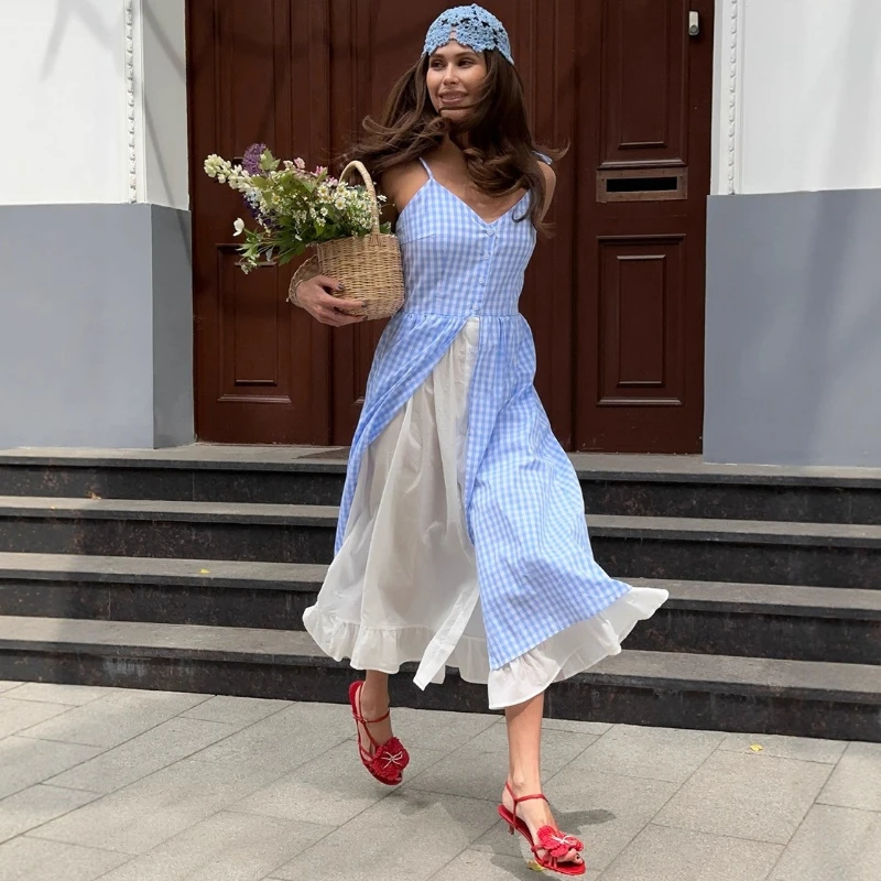 TARUXY Blau Plaid Patchwork Kleid Frauen Sommer Neue Elegante Faux Zwei-Stück Einreiher Splice Slip Kleid Weibliche bankett Kleid