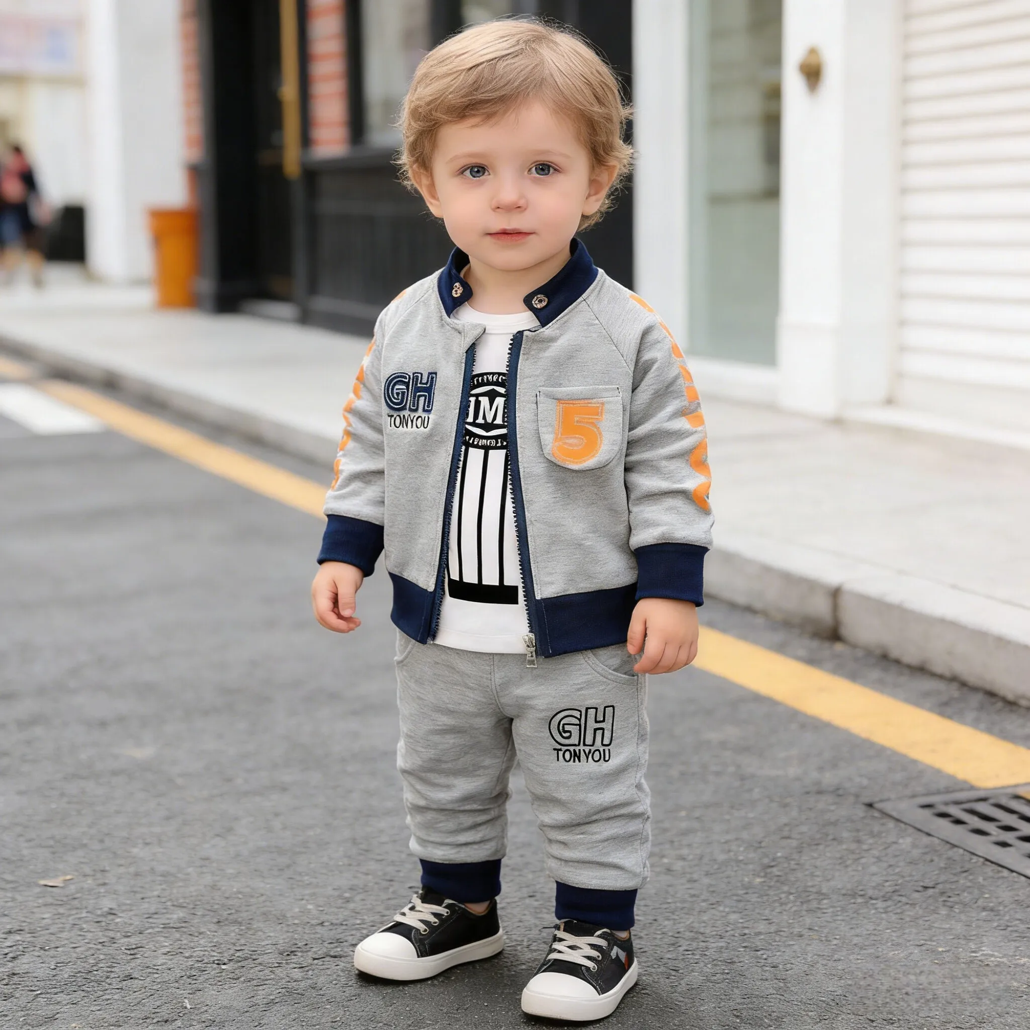 Soft Cotton Infant Boys 3 Pieces Tracksuit Letter Graphic Zip Coat Striped Tee Elastic Waist Pants Toddler Sport Outfit