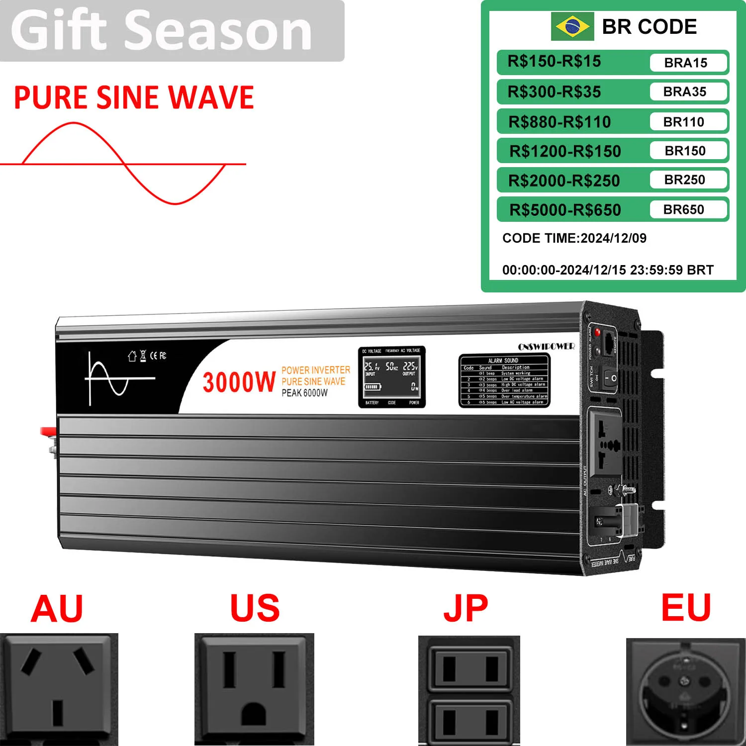 Onduleur à onde sinusoïdale Pure 3000W, convertisseur 12v/220v vers 24v/48v vers 110v, pour installation solaire de voiture, hors réseau électrique